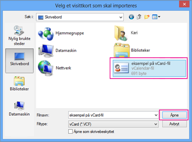 Velg vCard-filen du vil importere til .csv.
