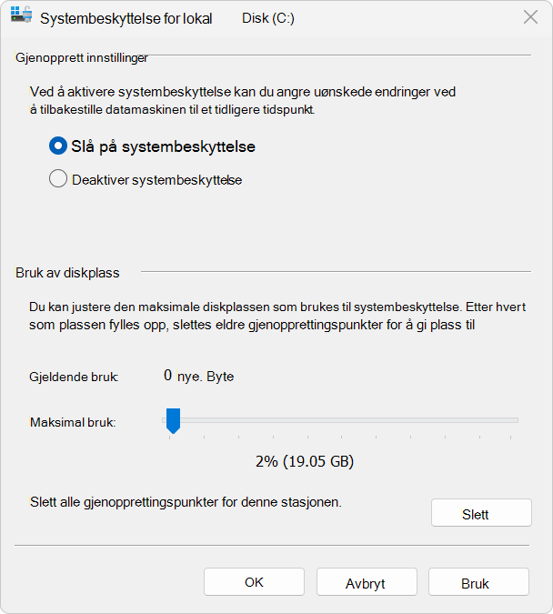 Skjermbilde av Systembeskyttelse.