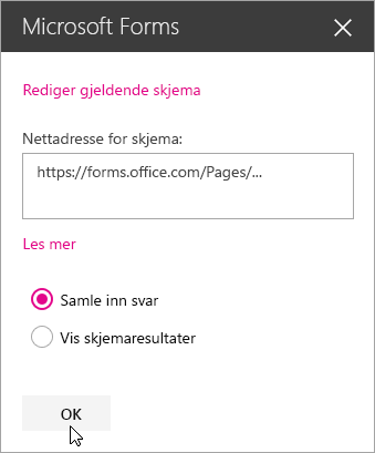 Når et nytt skjema er opprettet, viser nettpanelet i Microsoft Forms nettadressen til skjemaet.