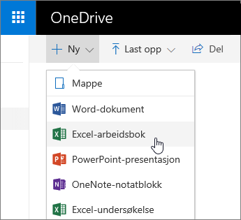 Ny-menyen i OneDrive, kommando for Excel-arbeidsbok