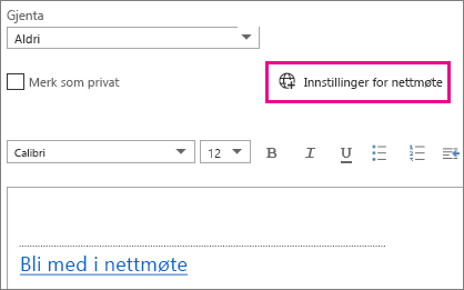 Innstillinger-knappen for nettmøter i Outlook Web App