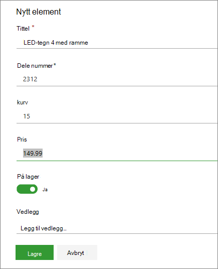 Skjema for enkeltelement for en liste