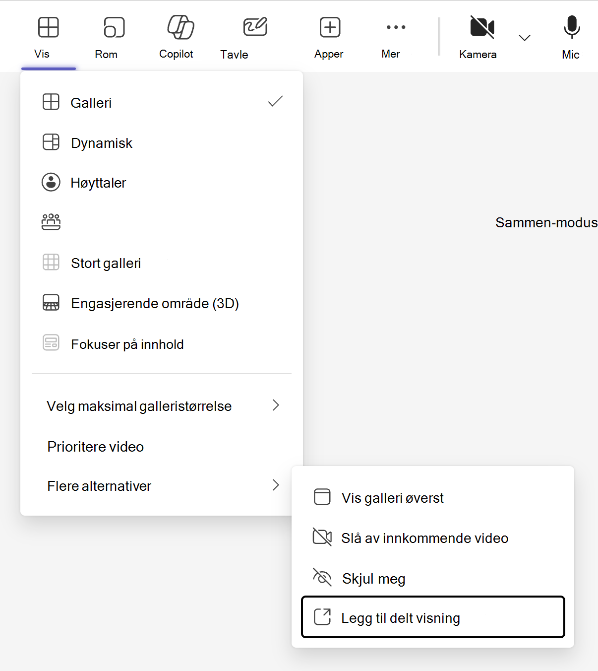 Visningsbytteren, merket med «Vis»-knappen i menylinjen i Teams-møtet, inneholder et alternativ for å legge til en delt visningsmodus under undermenyen «Flere alternativer».