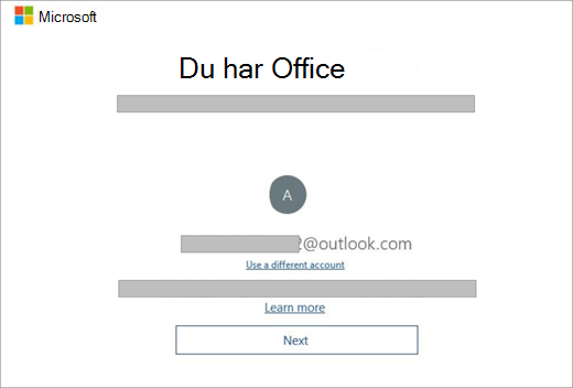 Viser skjermen som vises når du kjøper en ny enhet som inneholder en lisens for Office. Dette skjermbildet indikerer at Office fant den eksisterende Microsoft-kontoen.