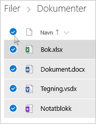Skjermbilde som viser hvordan du velger alle filer og mapper i OneDrive