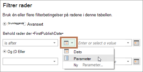 Skrive inn en parameter i dialogboksen Filter