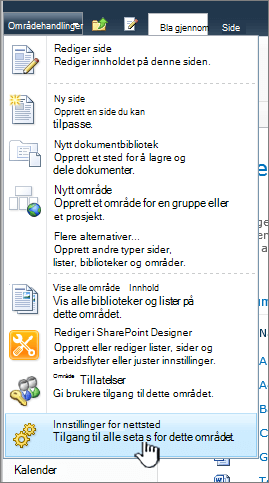 Områdeinnstillinger på nettstedshandlinger-menyen