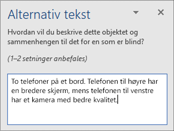 Alternativ tekstrute med et eksempel på alternativ tekst i Word for Windows.