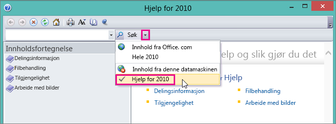 Hjelp-vinduet i Picture Manager som viser 2010-alternativet Hjelp
