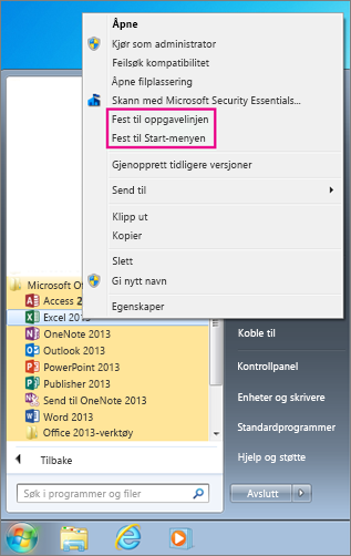Lås Office-appen til Start-menyen eller oppgavelinjen i Windows 7