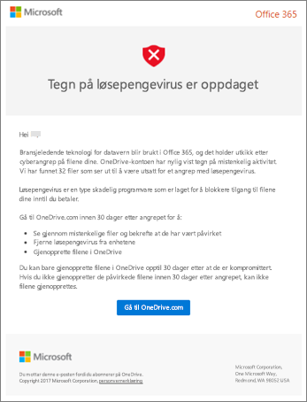 Skjermbilde av e-posten for gjenkjenning av løsepengevirus fra Microsoft