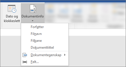 Skjermbilde som viser knappene Dokumentinformasjon og Dato & klokkeslett på Båndet i Word