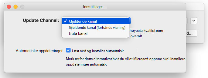 Bilde av Microsoft automatiske oppdateringer for Mac -> Innstillingervindu som viser alternativer for oppdateringskanal.