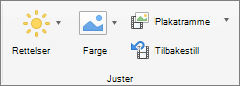 Skjerm bilde som viser Juster-gruppen i kategorien video format med alternativer for rettelser, farge, plakat ramme og tilbakestilling.