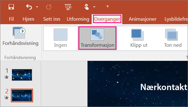 Viser overgangen Forvandling på Overganger-menyen i PowerPoint 2016