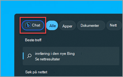 Den nye Bing Chat-knappen i søkeboksen Windows 11 på oppgavelinjen.