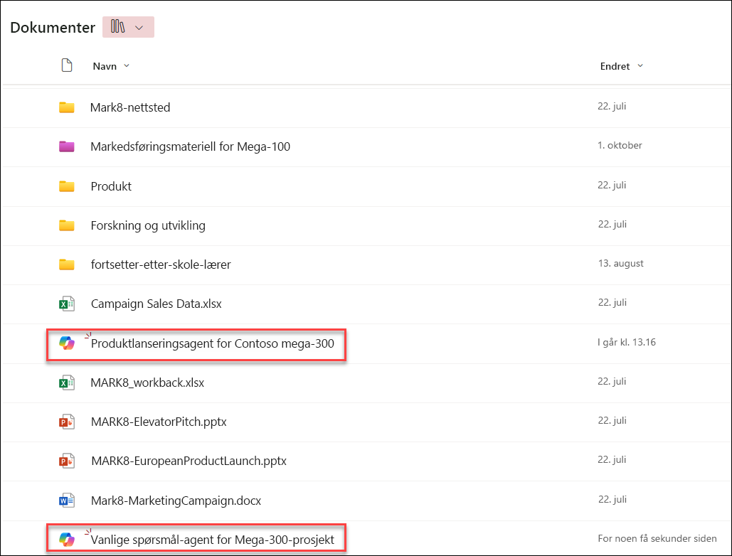 skjermbilde av Copilot-agenter som er lagret i gjeldende dokumentbibliiotekmappe