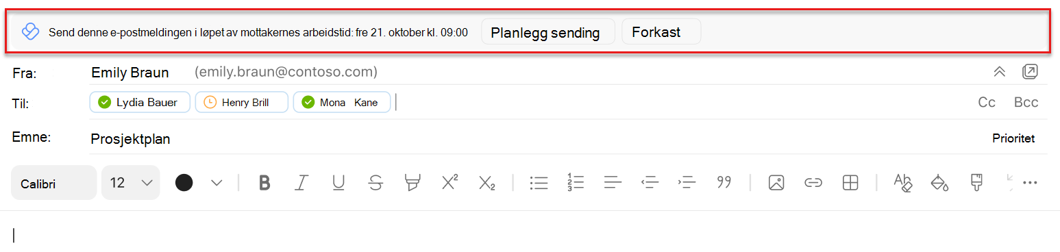 Skjermbilde av en plan sende forslag i Outlook Mac uthevet over Fra-linjen
