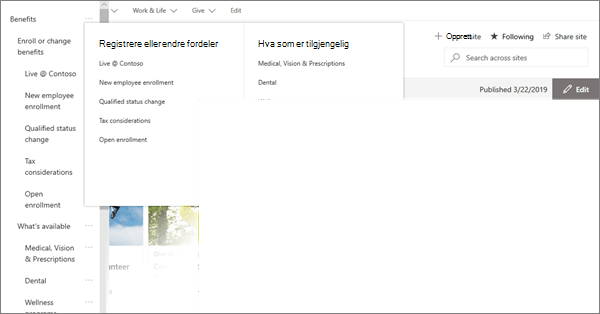 Eksempel på MegaMenu navigasjon for et moderne hub-nettsted i SharePoint Online