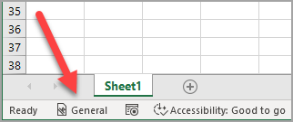 Statuslinjen i Excel som viser en generell følsomhetsetikett, er brukt