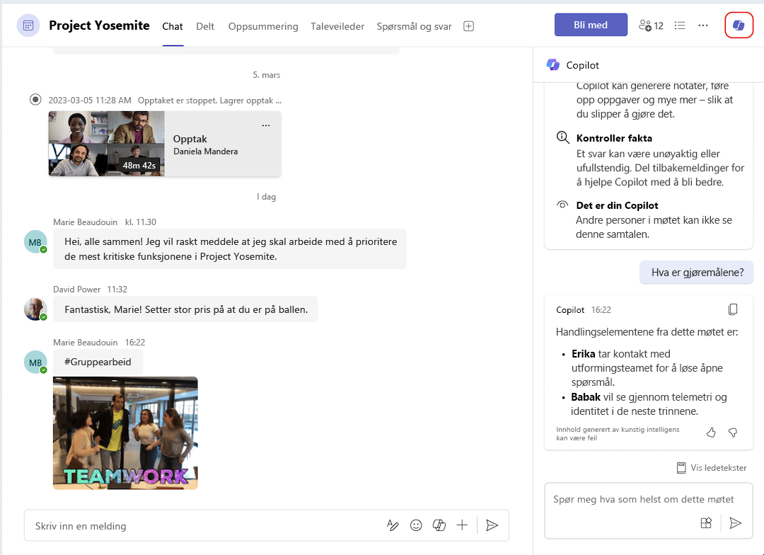copilot-oppføring fra møtechat