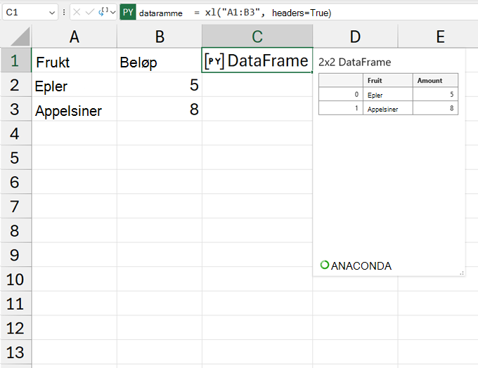 Et åpent DataFrame-kort.