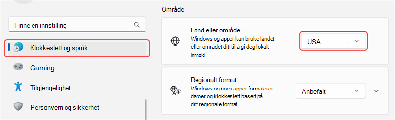 Regionale innstillinger på en Windows-enhet.