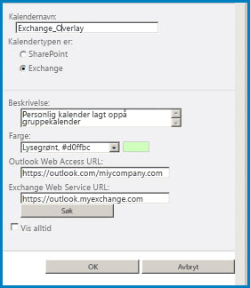 Skjerm bilde av dialog boksen kalender overlapping i SharePoint. Dialog boksen viser kalender navn, kalender type (Exchange), og gir URL-adressene for Outlook Web Access og Exchange Web Access.