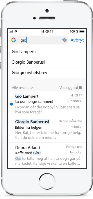 Viser mobilskjermen, med noen få bokstaver skrevet inn i Søkeboksen og forslag nedenfor.