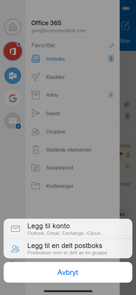 Legg til en delt postboks i Outlook Mobile.