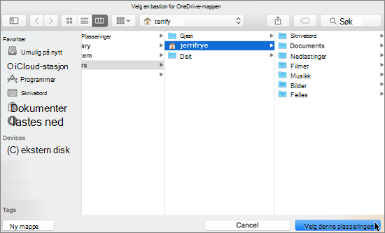 Skjermbilde av valg av mappeplassering i veiviseren Velkommen til OneDrive på Mac