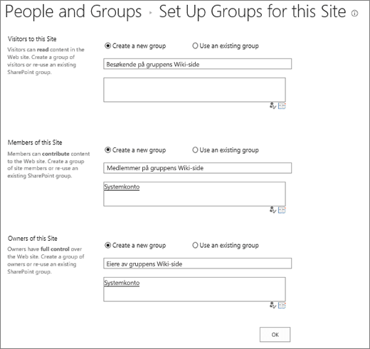 Konfigurere grupper for nettsted-dialogboksen 