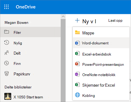 Ny fil- eller mappemeny i OneDrive for Business