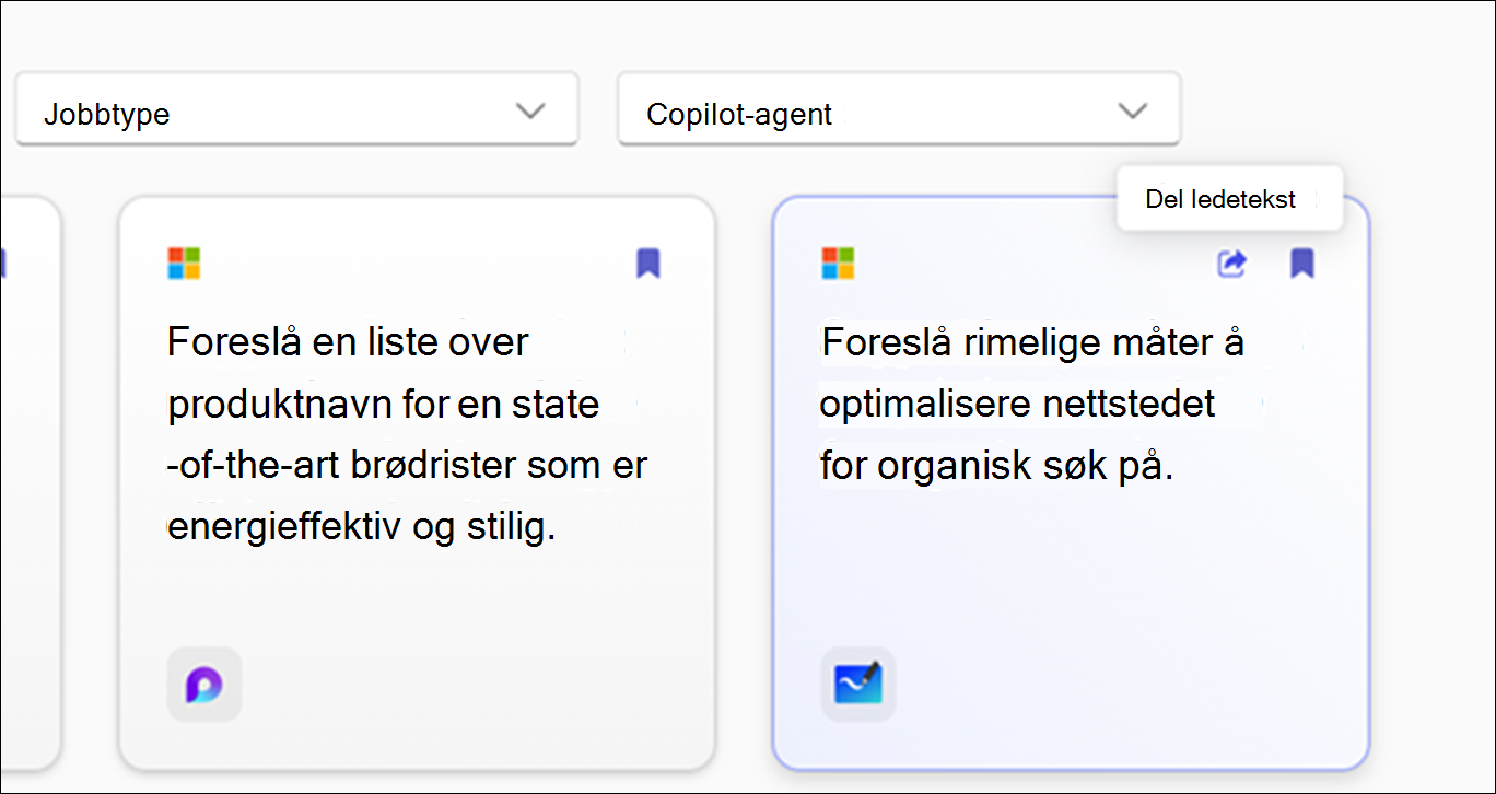 Spørsmål å prøve siden som viser tilgjengelige ledetekster med filteralternativer som app, oppgave og jobbtype.