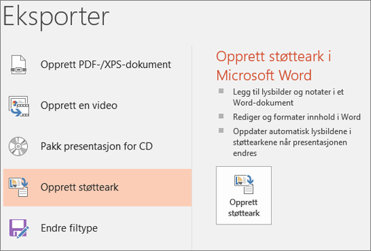 Skjermbilde av brukergrensesnittet i PowerPoint som viser Fil > Eksporter > Opprett støtteark.
