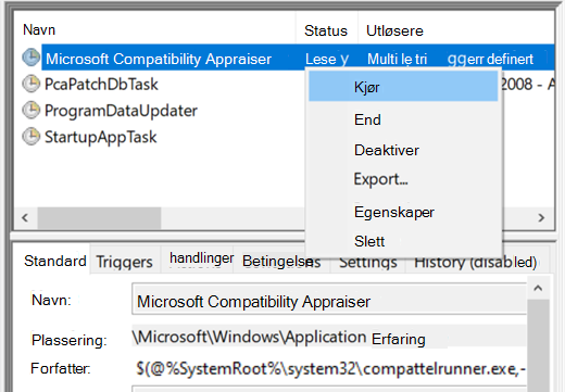 Kjører Microsoft Compatibility Appraiser i Oppgaveplanlegging.