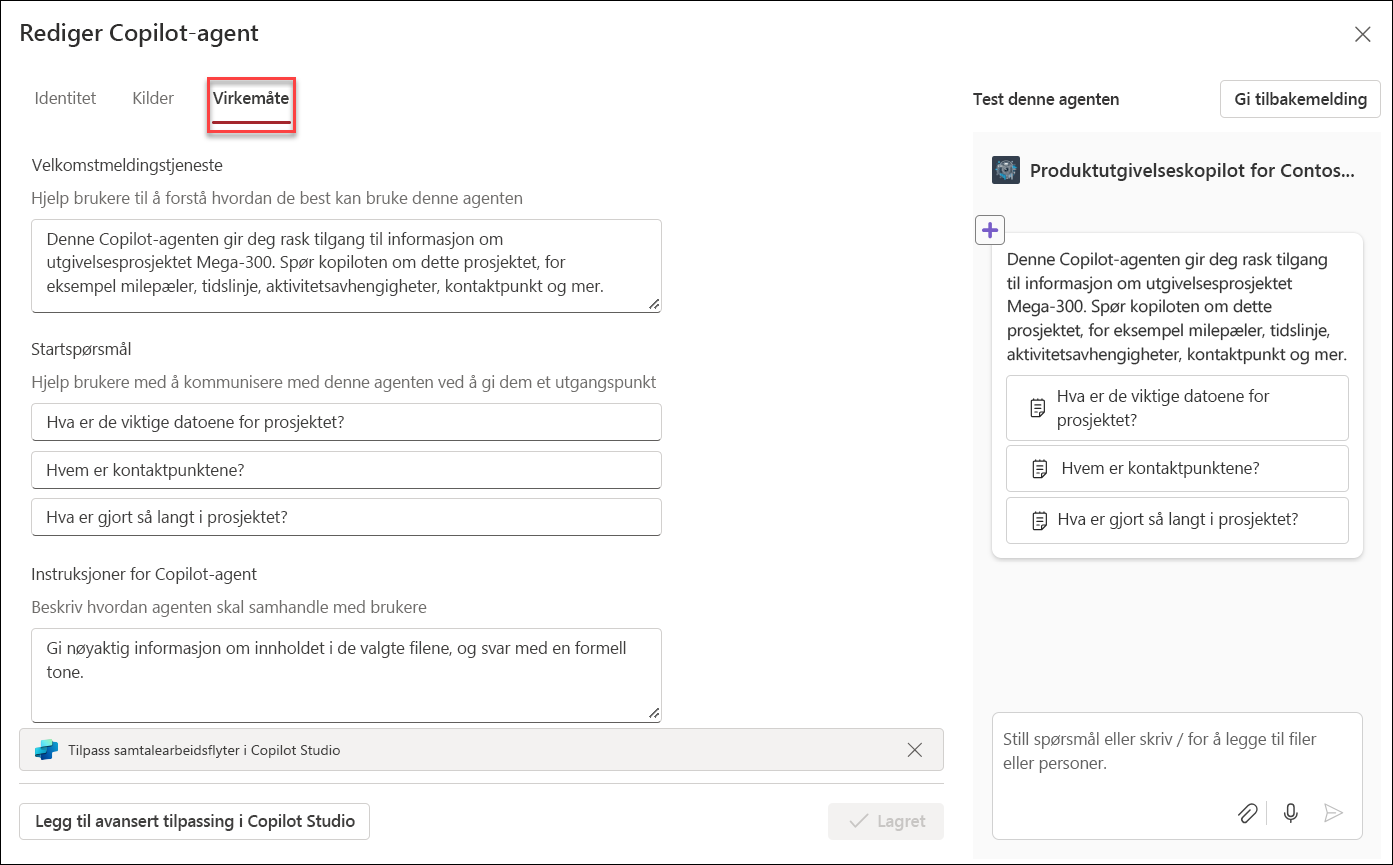 skjermbilde av virkemåte for redigering av Copilot-agent