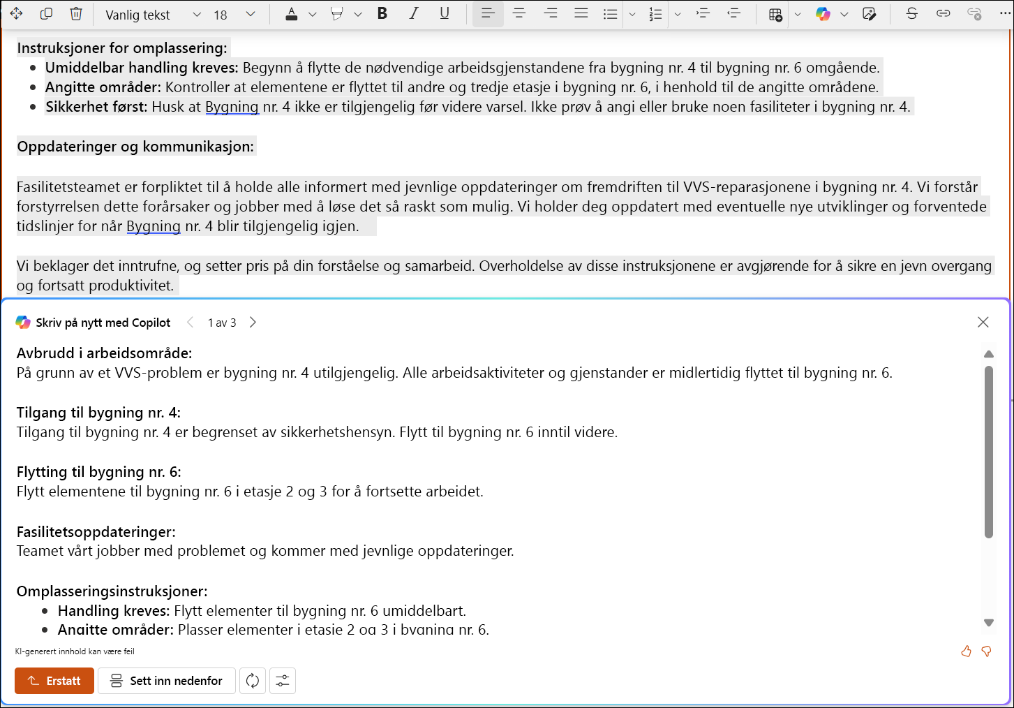 skjermbilde av et SharePoint-foreslåtte endringer for en lang tekst.