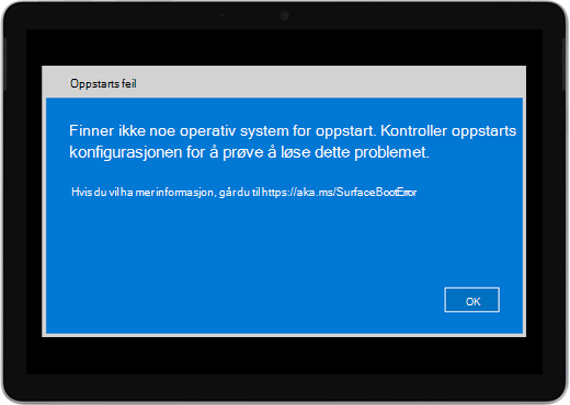 En blå skjerm med tittelen «Oppstartsfeil» og en melding om å kontrollere oppstartskonfigurasjonen.