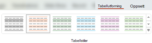 På fanen Tabellutforming kan du velge blant mange forhåndsdefinerte tabellstiler for raskt å bruke annen formatering i en tabell.