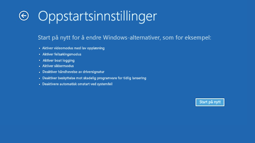 Innstillinger for oppstart-skjermen i Windows Recovery Environment.
