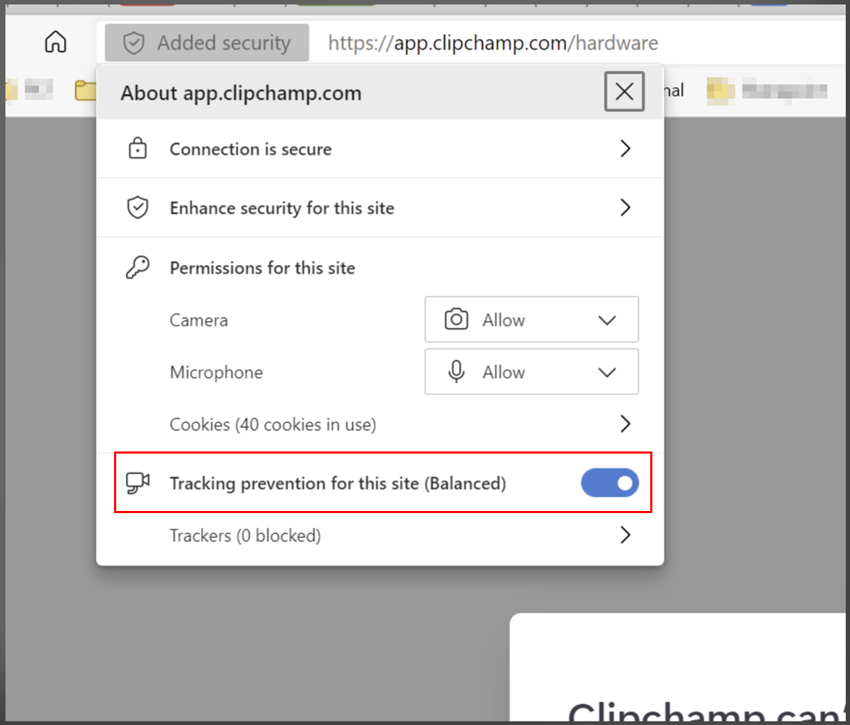 Microsoft Edge lagt til sikkerhet, hviteliste clipchamp 2