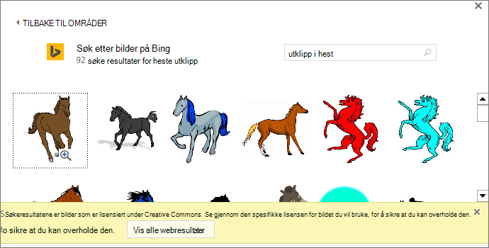 Når du søker etter «hest utklipp», ser du en rekke bilder under Creative Commons-lisens.