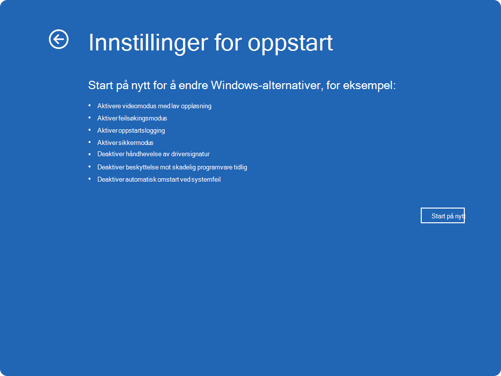 Skjermbilde av Windows RE – oppstartsinnstillinger.