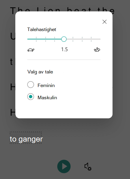 Dialogboksen for talealternativer i Engasjerende leser for Microsoft Lens for iOS.