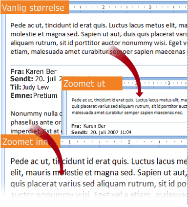 Eksempler på e-postmeldinger som er zoomet inn og ut