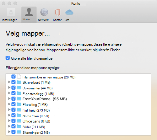 Dialogboksen Velg mapper under OneDrive for Mac Innstillinger-vinduet