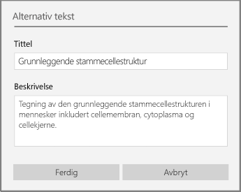 Dialogboks for alternativ tekst for å legge til alternativ tekst i OneNote for Windows 10.