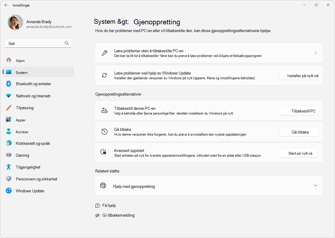 Skjermbilde av Innstillinger – System – Gjenoppretting.