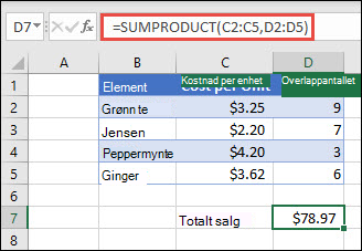 Eksempel på SUMMERPRODUKT-funksjonen som brukes til å returnere summen av solgte varer når oppgitt enhetskostnad og antall.